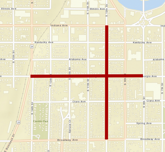 south 10th street, indiana ave, broadway, street, construction, road closure